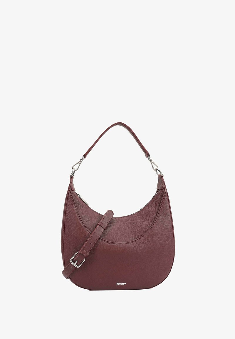 Maroon leather handbag with a curved shape, short handle, and adjustable strap. Features a subtle logo and textured surface.