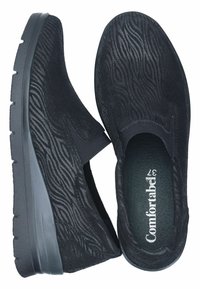 Black slip-on shoes with textured wave pattern, elastic side panels, and cushioned insoles, featuring a sturdy dark rubber outsole.