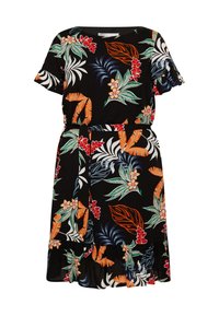 Rochie scurtă neagră cu mâneci scurte, având un model floral ce include frunze verzi și flori roșii și portocalii, cu o tivură volanată. Talie ajustabilă cu șiret.