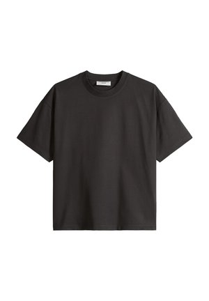 Black short-sleeve crew neck T-shirt with a relaxed fit, displayed flat on a white background.
