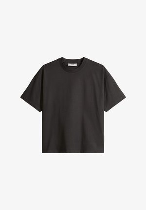 Black short-sleeve crew neck T-shirt with a relaxed fit, displayed flat on a white background.