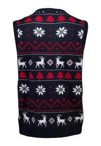 Sweter bez rękawów z dzianiny w kolorze granatowym, ozdobiony geometrycznymi wzorami w kolorach czerwonym, białym i czarnym, reniferami, śnieżynkami oraz prążkowanym dołem.