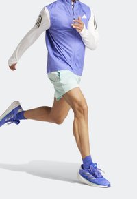 Fioletowa, lekka kurtka zapinana na zamek, białe długie rękawy, miętowe szorty, niebieskie buty sportowe z zielonymi akcentami; dynamiczna postawa biegu.