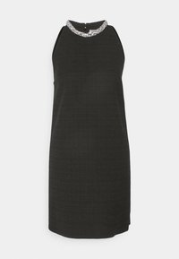 Robe noire sans manches longueur genou en tissu texturé, col rond orné de sequins argentés.