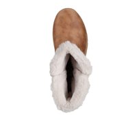 Brun mockasken med en fluffig vit fodring runt öppningen, rund tå och texturerad yta. Innerfoder är svart.