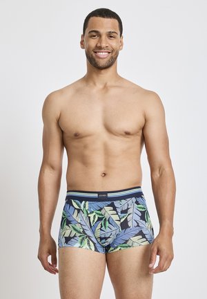 Die Boxershorts haben ein blätterartiges Muster in Grün- und Blautönen auf einem dunklen Hintergrund. Sie verfügen über einen elastischen Bund mit Branding. Hergestellt aus leichtem Stoff.