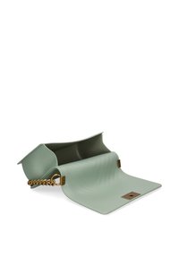 Groene polymeertas met een gladde textuur, gouden kettingriem en een platte bodem. Heeft een vouw-over ontwerp en een logo accent aan de voorkant.