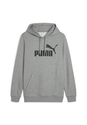 Grauer Hoodie aus Baumwollmischung mit Kängurutasche, gerippten Bündchen, verstellbarem Kapuzen und einem schwarzen Logo-Print auf der Vorderseite.