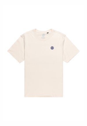 Short-sleeve, cream cotton t-shirt with a round neck and a small navy logo on the left chest. Smooth texture, standard fit.