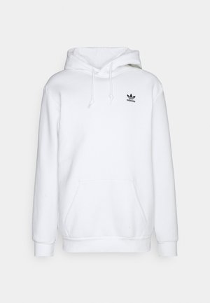 Sweat à capuche Adidas blanc avec poche kangourou, capuche à cordon de serrage et petit logo Adidas noir sur le côté gauche de la poitrine.