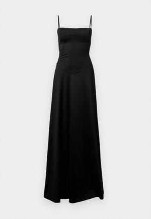 Robe maxi noire avec des fines bretelles, un corsage ajusté, une texture froncée et une jupe fluide. Fabriquée en tissu léger.