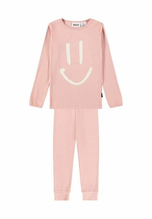 Conjunto de camisa de manga larga y pantalones de color rosa claro con un gráfico simple de una cara sonriente blanca en el pecho.