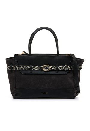 Bolso rectangular negro con dos asas, detalle de cinturón con estampado de leopardo y hebilla dorada, y logo dorado "Mariamare" en el frente.
