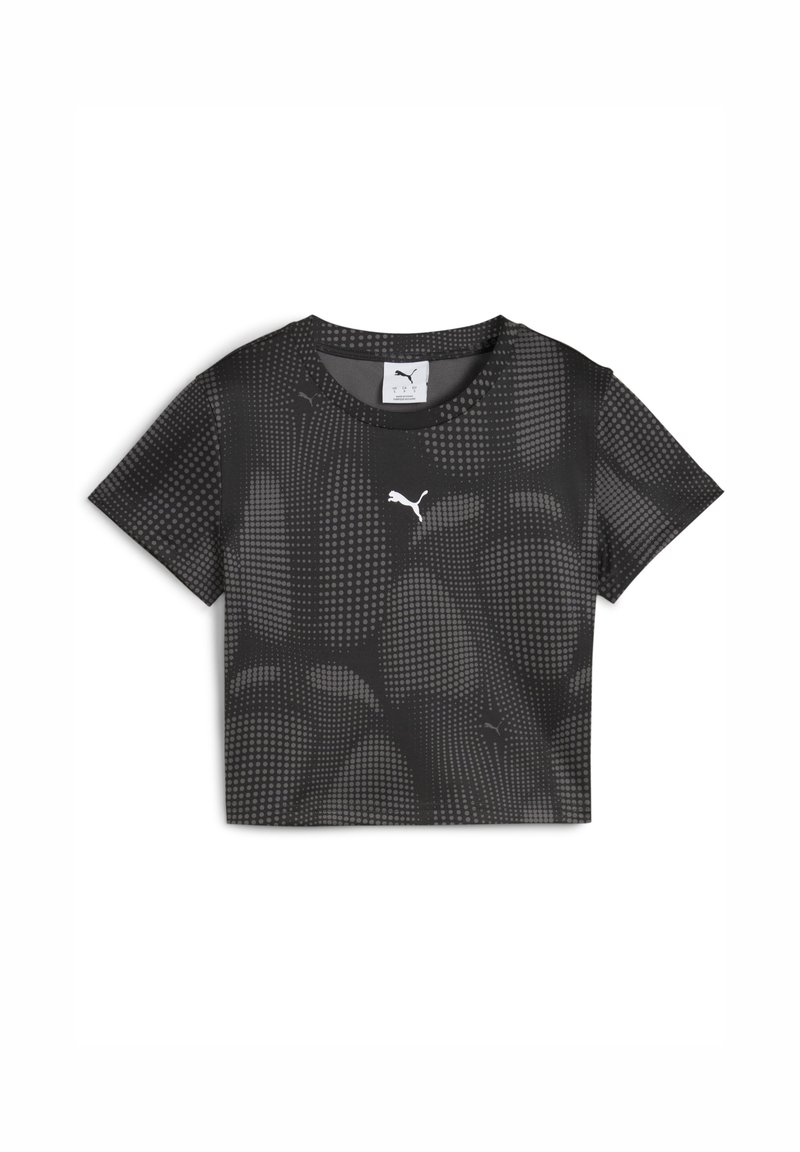 Čierny skrátený tričko s bodkovaným vzorom a malým bielym logom Puma na prednej strane, s krátkymi rukávmi a okrúhlym výstrihom.