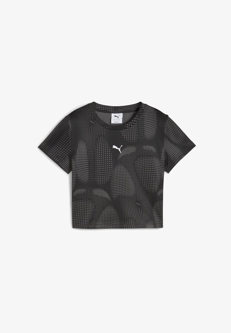 Čierny skrátený tričko s bodkovaným vzorom a malým bielym logom Puma na prednej strane, s krátkymi rukávmi a okrúhlym výstrihom.