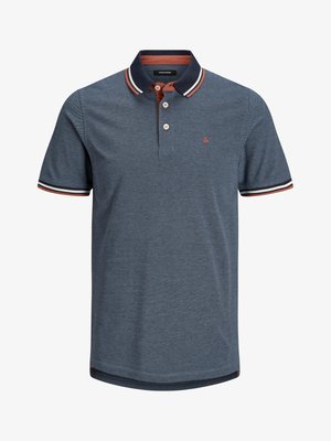 Navy blue polo shirt with short sleeves, textured fabric, orange collar and placket, white and red striped cuffs, and embroidered logo on chest.