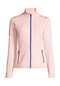 Giacca rosa chiaro con zip, colletto alto, zip blu, accenti bianchi sulle maniche e un design aderente dal tessuto liscio.