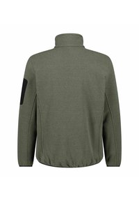 Olivgrüne Fleecejacke mit hohem Kragen, elastischem Saum und schwarzen Patch-Akzenten auf den Schultern. Strukturiertes Material, lange Ärmel.