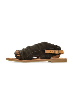 Dark brown suede flat sandal with open toe, tan leather ankle strap, buckle closure, and stitched detailing on sole and upper.