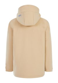 Beige waterdichte jas met capuchon, met een rechte snit, zachte textuur en blauwe logo-accenten op de rug en mouwen.