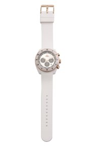 Orologio con cinturino in silicone bianco, cassa circolare bianca e dorata, dettagli neri sul quadrante e molteplici sottodial cronografici.