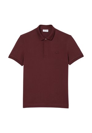 Burgunderfarbenes Poloshirt aus Baumwolle, mit klassischem Kragen, kurzen Ärmeln, einem Knopfverschluss und einem geprägten Logo auf der Brust.