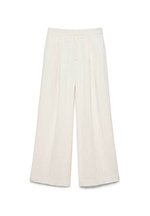 Pantalon blanc à jambes larges, taille haute, plis devant et fermeture cachée, présenté sur un fond uni.