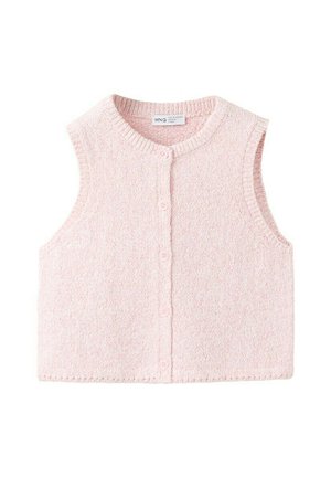 Gilet sans manches en tricot rose doux avec un col rond et une rangée de cinq boutons assortis à l'avant.