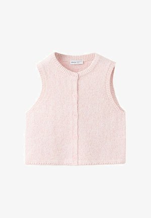 Weiches, rosafarbenes, ärmelloses Strickweste mit rundem Ausschnitt und einer vorderen Reihe von fünf passenden Knöpfen.
