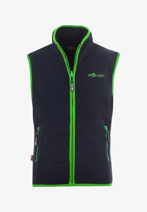 Marineblauer Fleece-Weste mit grünen Akzenten, hohem Kragen, Frontreißverschluss und zwei Seitentaschen. Mit "TROLLKIDS"-Logo auf der Brust.