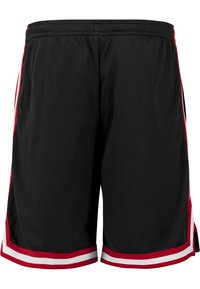 Sorte basketballshorts med røde side-striper og hvite detaljer. Laget av mesh-stoff, har de en komfortabel elastisk livlinje.