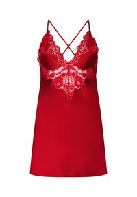 Tanga roja con cuerpo de encaje, tirantes ajustables en cruz y tela suave y sedosa. Presenta detalles de encaje floral y un diseño ajustado.