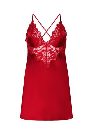 Tanga roja con cuerpo de encaje, tirantes ajustables en cruz y tela suave y sedosa. Presenta detalles de encaje floral y un diseño ajustado.