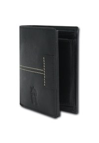 Black leather wallet with contrasting white stitching, bi-fold design, and a subtle embossed logo on the front side. Multiple card slots inside.