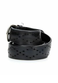 Cintura in pelle nera con design perforato, fibbia in metallo argento e texture liscia. Avvolta, che mette in mostra la sua forma flessibile.
