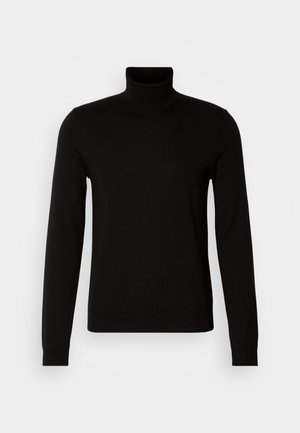 Pull col roulé noir en tissu tricoté fin, doté de manches longues et d'une silhouette ajustée. Texture lisse avec des poignets côtelés.