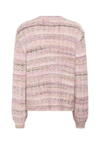Pūkainais džemperis pasteļrozā toņos ar horizontālām svītrām un ribinātām piedurknēm. Tekstūrēta auduma ar brīvu, kvadrātveida siluetu.