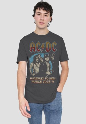 Gray cotton t-shirt features a vintage AC/DC graphic with "HIGHWAY TO HELL WORLD TOUR '79" text in distressed colors and rock band imagery.