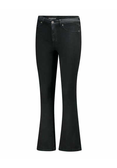 Zwarte flared jeans van denim met een gladde textuur. Heeft een knoopsluiting en subtiele stiksels rond de zakken.