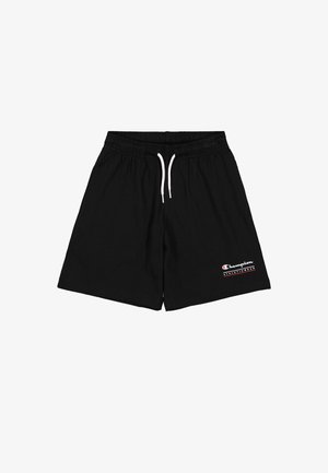 Pantalones cortos de algodón negros con cintura elástica y cordón blanco. Presentan el logo "Champion" en rojo y blanco en el lado izquierdo frontal.