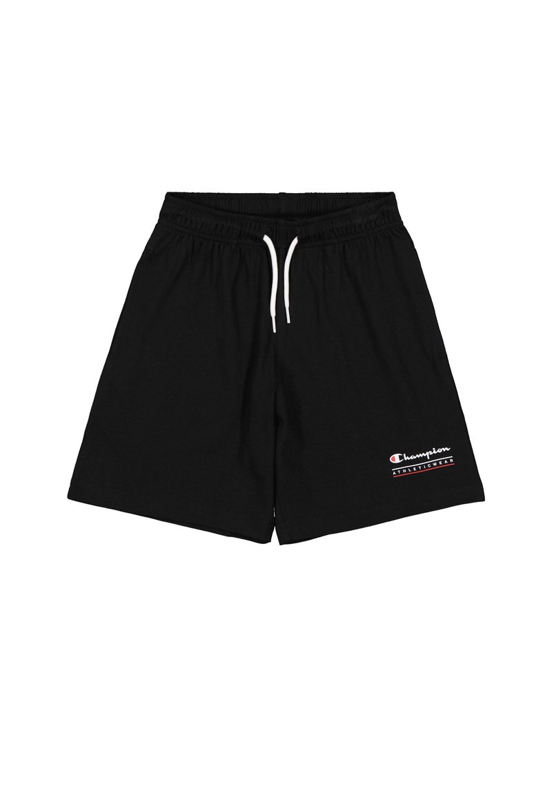 Schwarze Baumwollshorts mit elastischem Bund und weißen Kordeln. Auf der linken Vorderseite befindet sich das rote und weiße "Champion"-Logo.