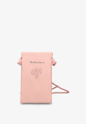 Piccola borsa a tracolla rettangolare in pelle rosa cipria con fianchi con coulisse, nome del marchio "Gian Marco Venturi" e logo GMV perforato sul davanti.