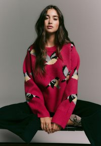 Rosa gestrickter Pullover mit Vogelmustern in Grau und Gelb. Verfügt über einen gerippten Kragen und einen übergroßen Schnitt, kombiniert mit schwarzen Weitbein-Hosen.