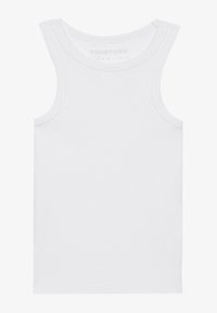 White, sleeveless tank top made of soft fabric. Features a crew neckline and straight hem. No visible patterns or hardware details.