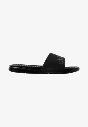 Black outdoor slide sandal with a textured strap and ridged sole. Features a logo on the strap, designed for comfort and casual wear.
