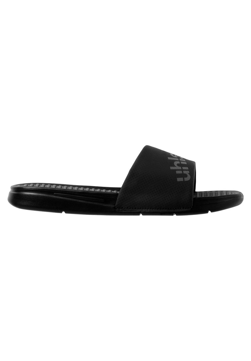 Black outdoor slide sandal with a textured strap and ridged sole. Features a logo on the strap, designed for comfort and casual wear.