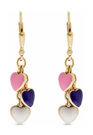 Goldfarbene Ohrringe mit drei hängenden Herzanhängern aus rosa, dunkelblauer und weißer Emaille an jedem Ohrring.