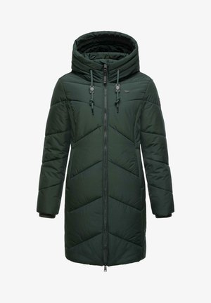 Mørkegrønn polstret jakke med chevronmønster, justerbar hette og glidelås foran. Har elastiske mansjetter og snor i hetten.