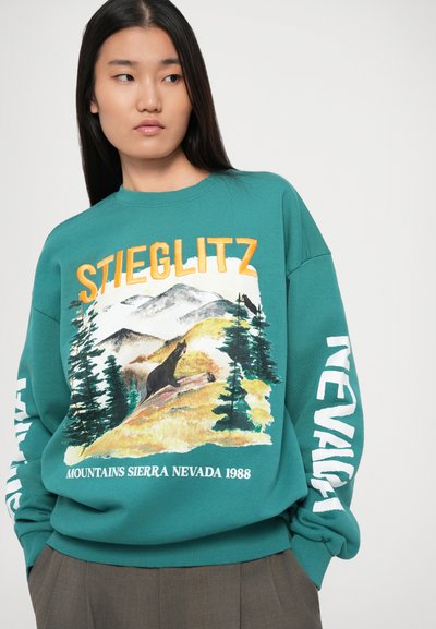 Felpa teal con una grafica artistica di un orso e una montagna, con il testo "STIEGLITZ" e "MOUNTAINS SIERRA NEVADA 1988". Maniche a coste.