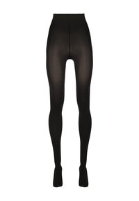 Leggings neri opachi con un alto punto vita, texture liscia e design senza cuciture. Nessun motivo o accento visibile. Progettati per il comfort.